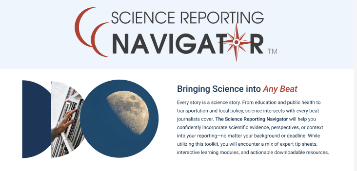 Draft version of the top of the Science Reporting Navigator home page, showing a collage of images and some introductory text.